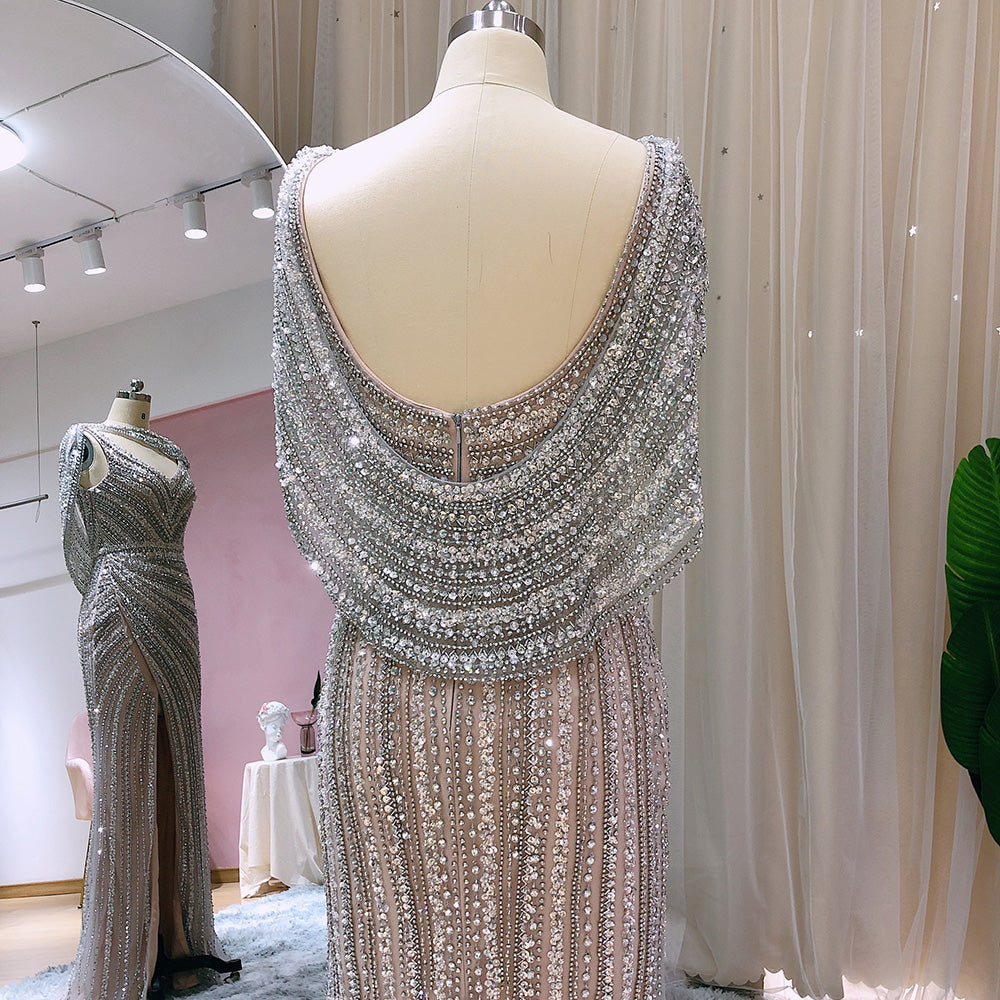 Luxury Beaded Silver Long Sleeves Evening Dress with Cape SS035