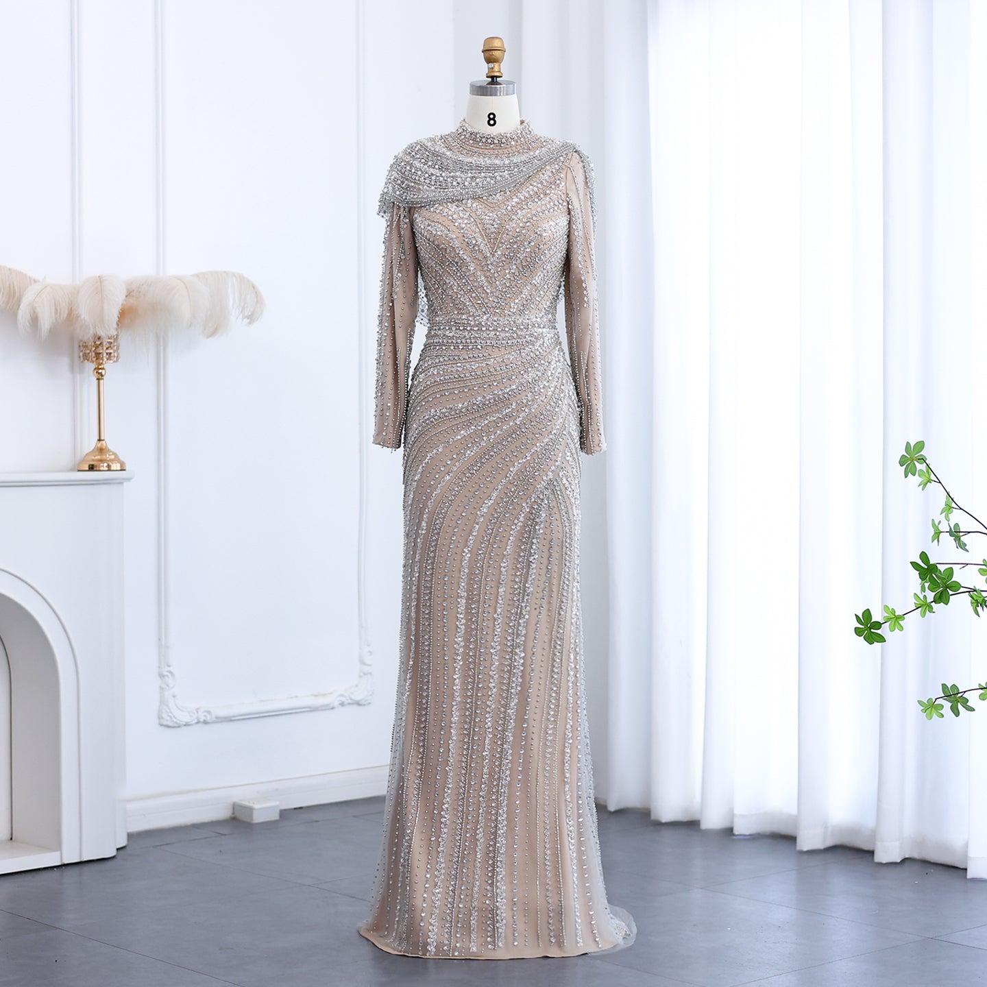 Luxury Beaded Silver Slit Mermaid Evening Dress with Cape SS035