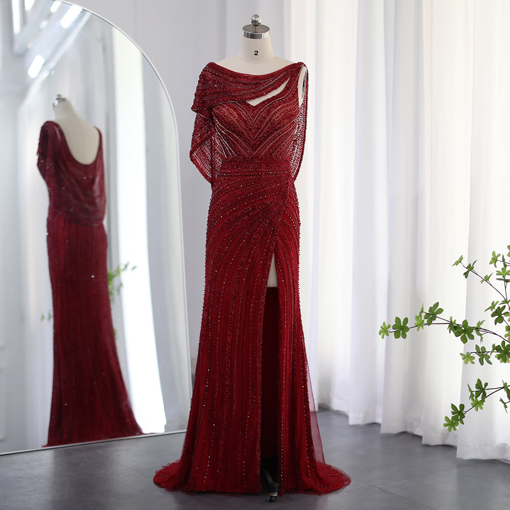 Luxury Beaded Silver Long Sleeves Evening Dress with Cape SS035