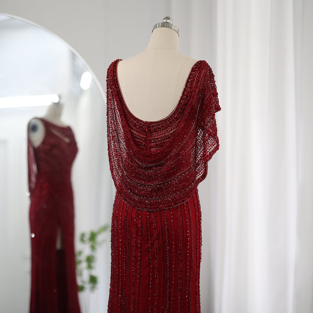 Luxury Beaded Silver Long Sleeves Evening Dress with Cape SS035