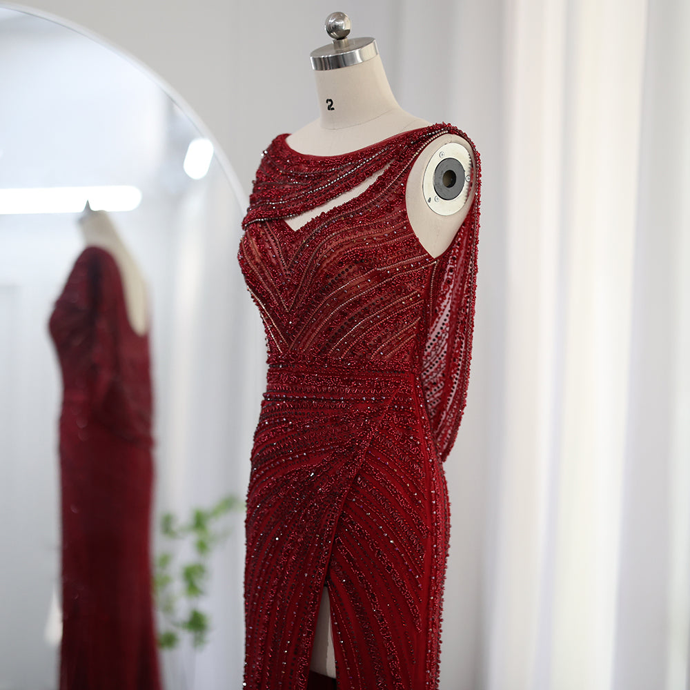 Luxury Beaded Silver Long Sleeves Evening Dress with Cape SS035