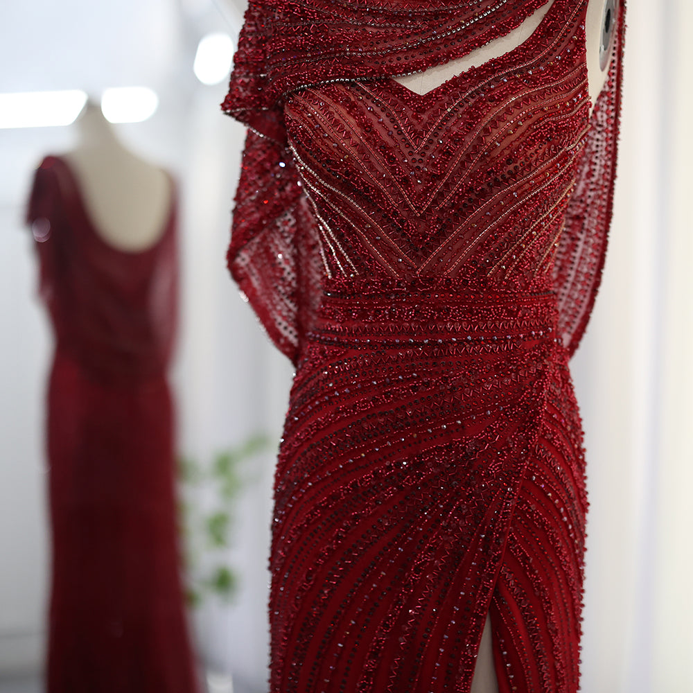 Luxury Beaded Silver Long Sleeves Evening Dress with Cape SS035