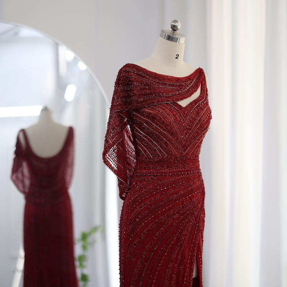 Luxury Beaded Silver Long Sleeves Evening Dress with Cape SS035