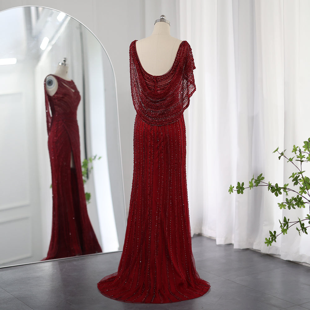 Luxury Beaded Silver Long Sleeves Evening Dress with Cape SS035