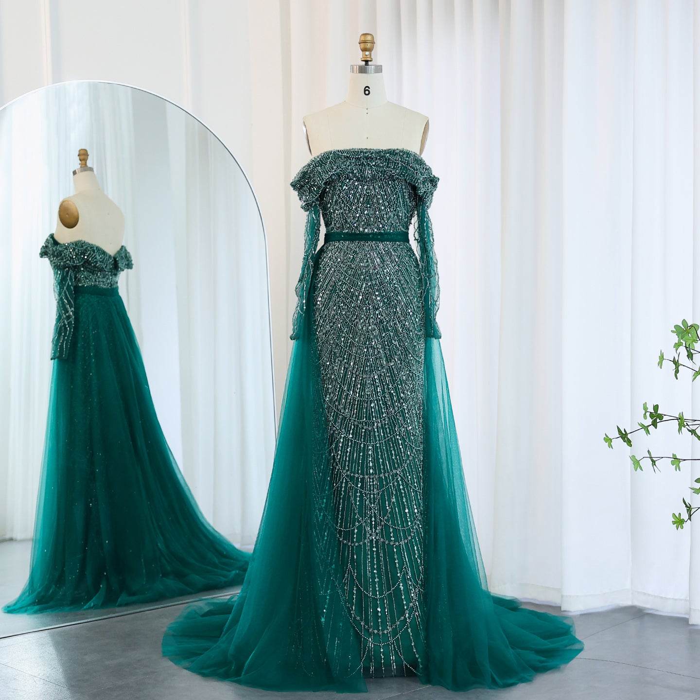 Luxury Beaded Blue Mermaid Evening Dress with Cape Sleeves SS687