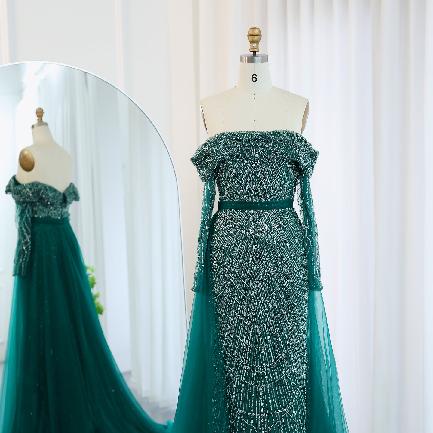 Luxury Beaded Blue Mermaid Evening Dress with Cape Sleeves SS687