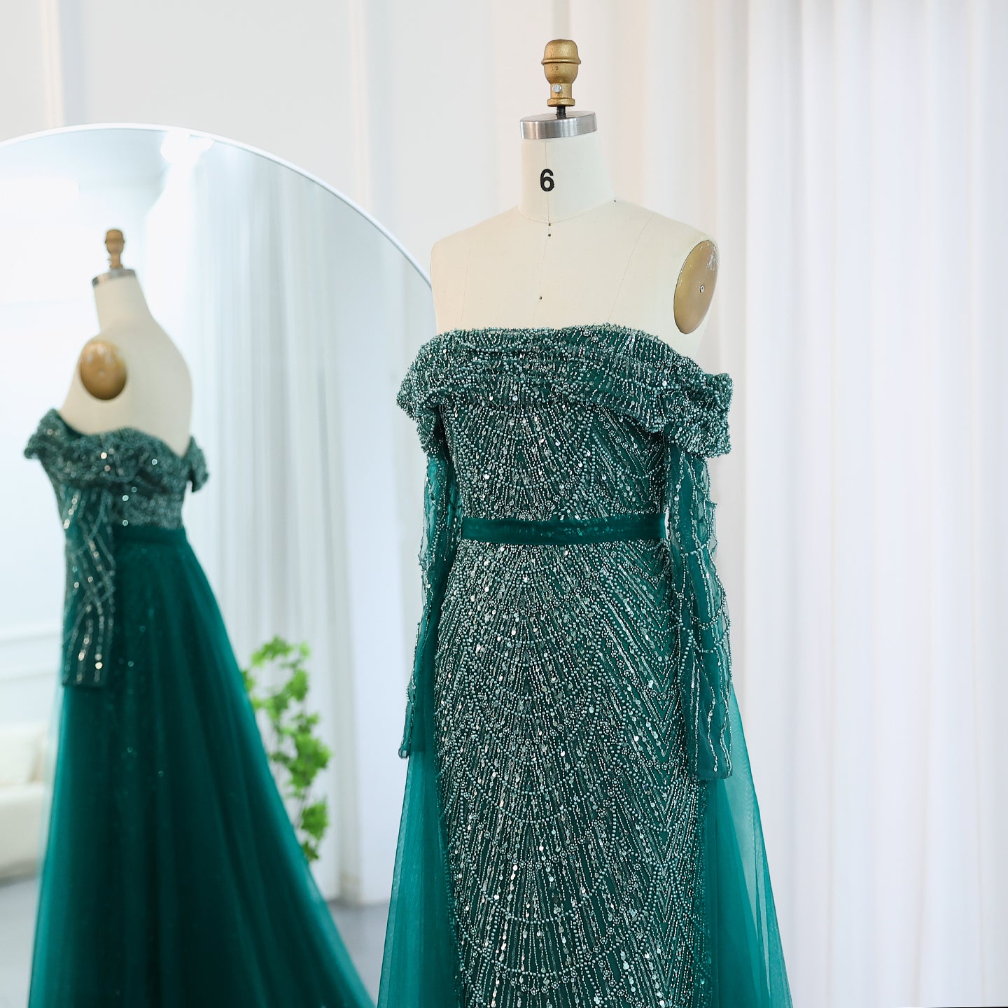 Luxury Beaded Blue Mermaid Evening Dress with Cape Sleeves SS687