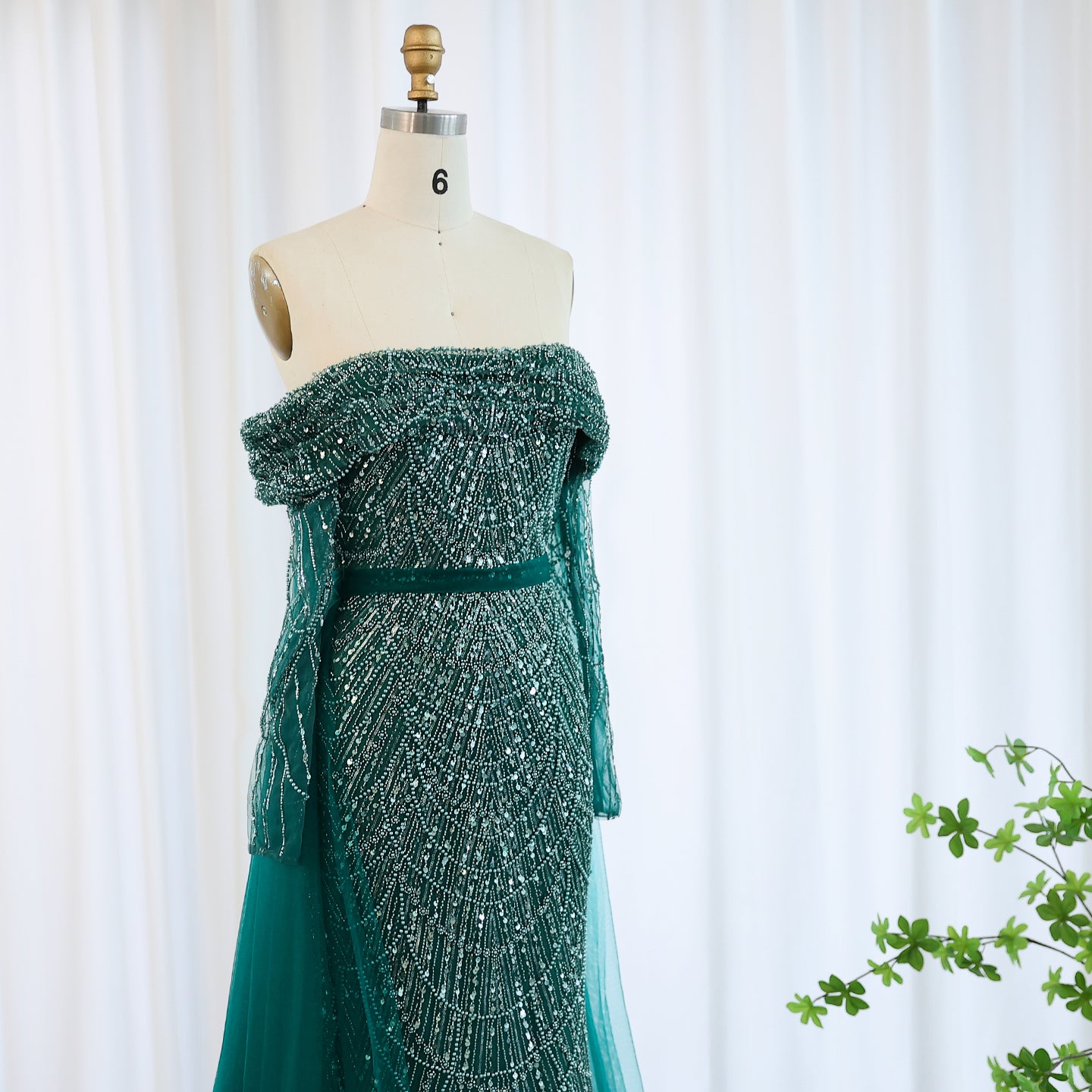 Luxury Beaded Blue Mermaid Evening Dress with Cape Sleeves SS687