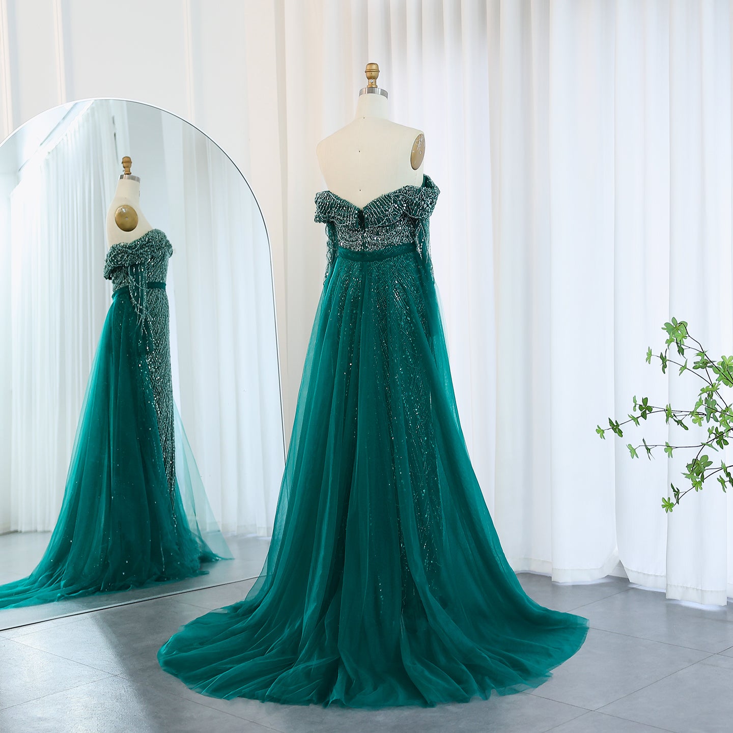 Luxury Beaded Blue Mermaid Evening Dress with Cape Sleeves SS687