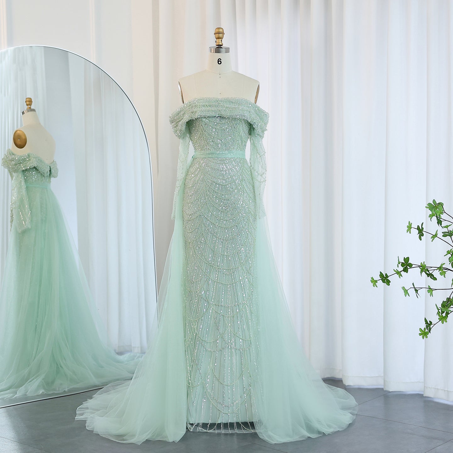 Luxury Beaded Blue Mermaid Evening Dress with Cape Sleeves SS687