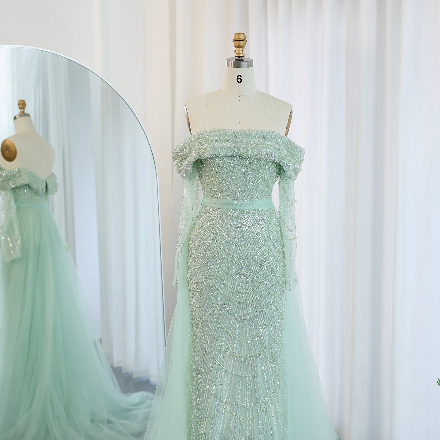Luxury Beaded Blue Mermaid Evening Dress with Cape Sleeves SS687