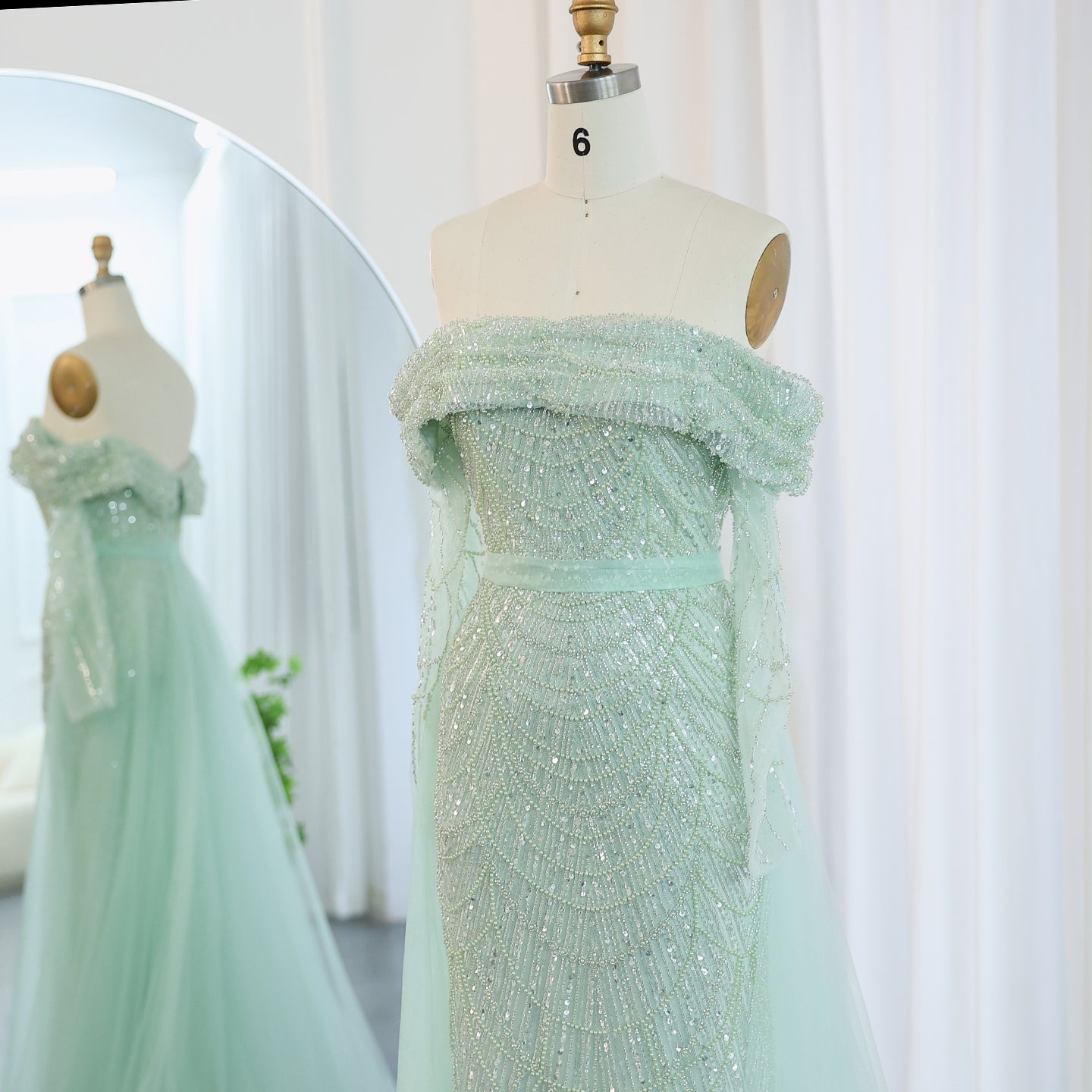 Luxury Beaded Blue Mermaid Evening Dress with Cape Sleeves SS687