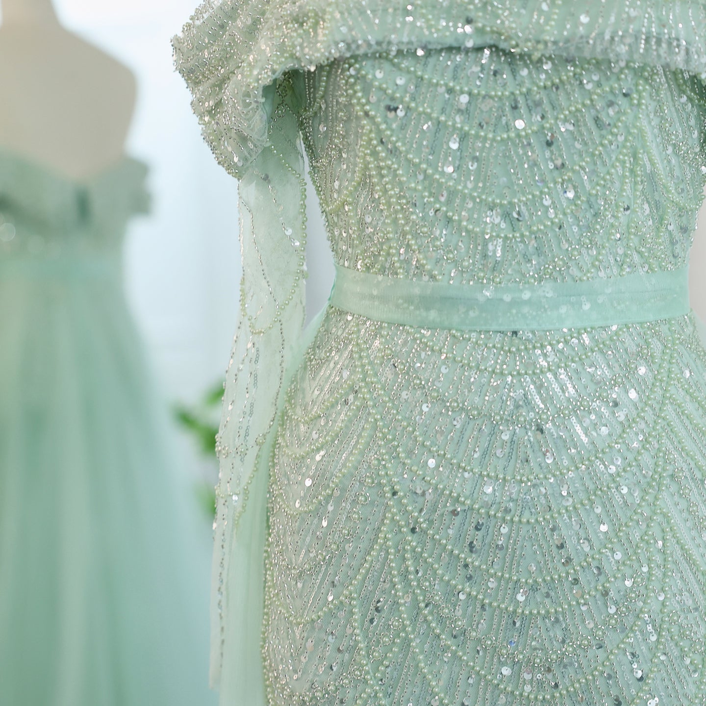 Luxury Beaded Blue Mermaid Evening Dress with Cape Sleeves SS687