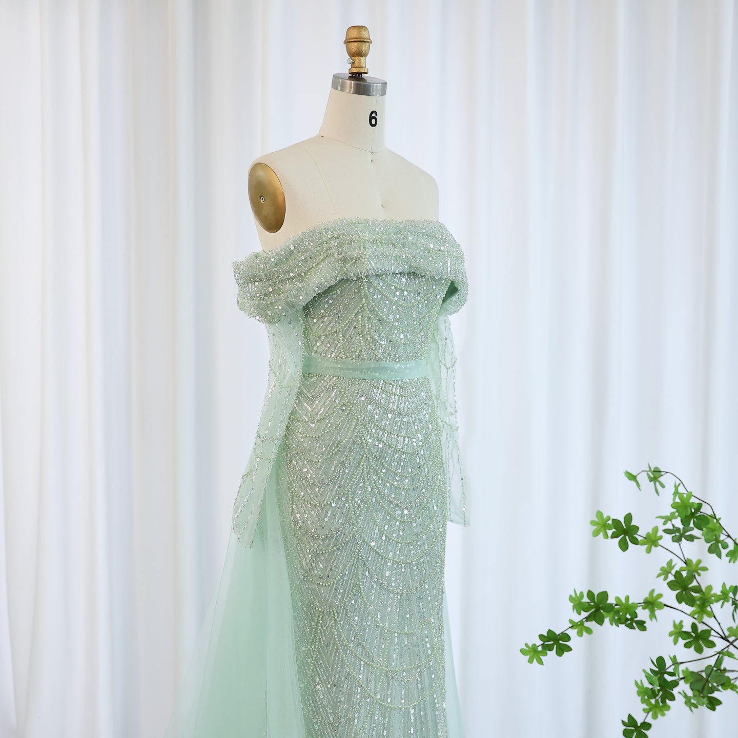 Luxury Beaded Blue Mermaid Evening Dress with Cape Sleeves SS687