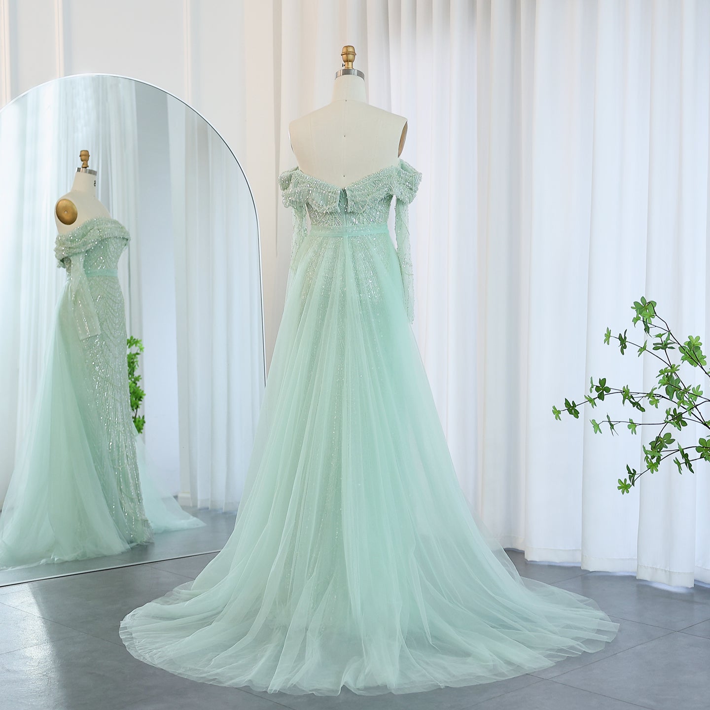 Luxury Beaded Blue Mermaid Evening Dress with Cape Sleeves SS687