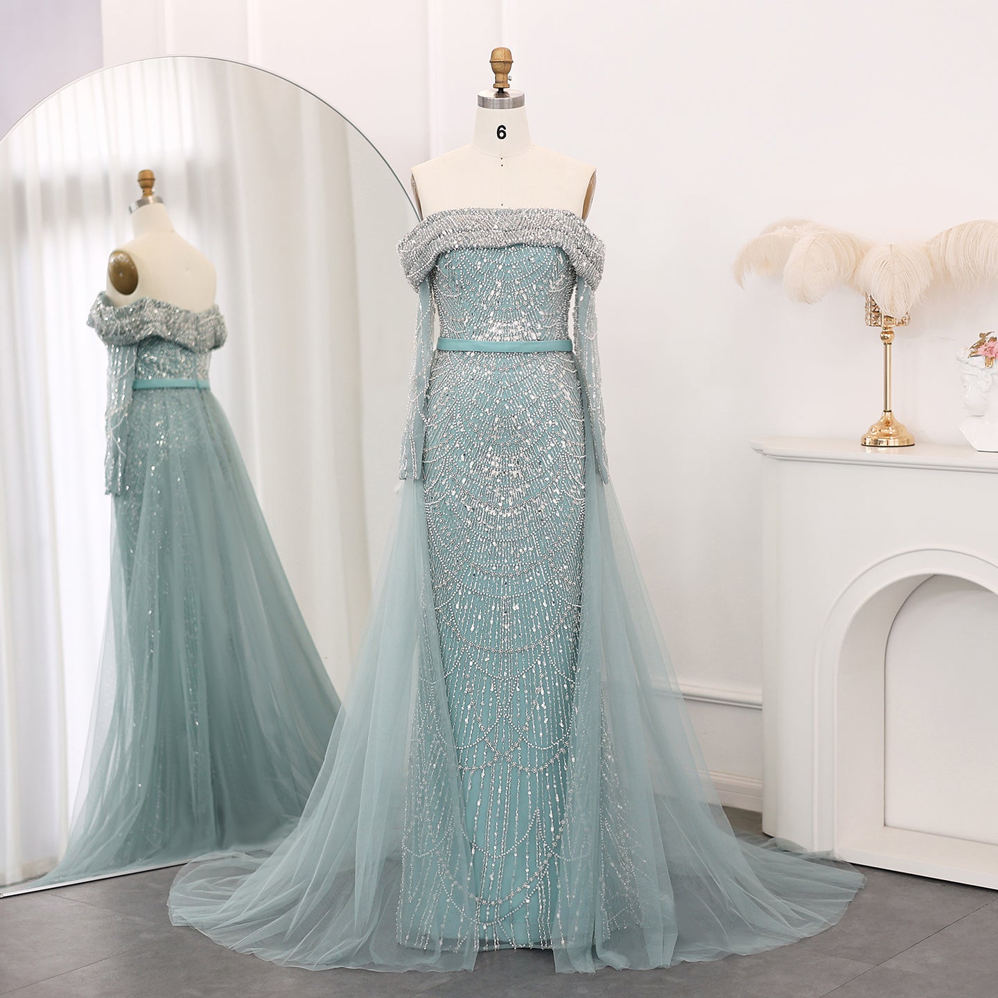 Luxury Beaded Blue Mermaid Evening Dress with Cape Sleeves SS687