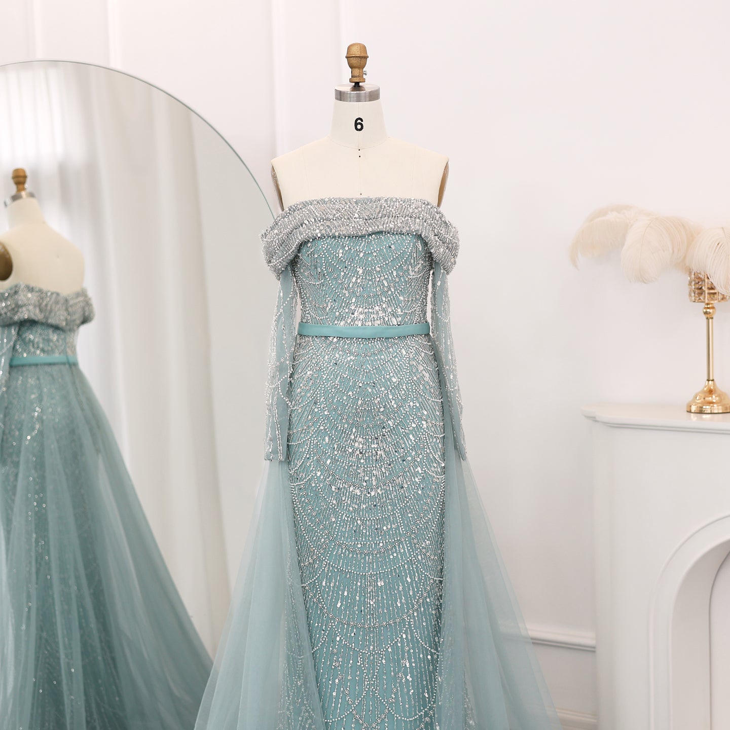 Luxury Beaded Blue Mermaid Evening Dress with Cape Sleeves SS687