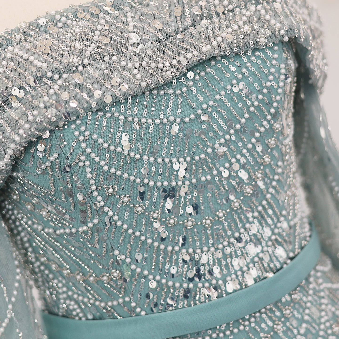 Luxury Beaded Blue Mermaid Evening Dress with Cape Sleeves SS687