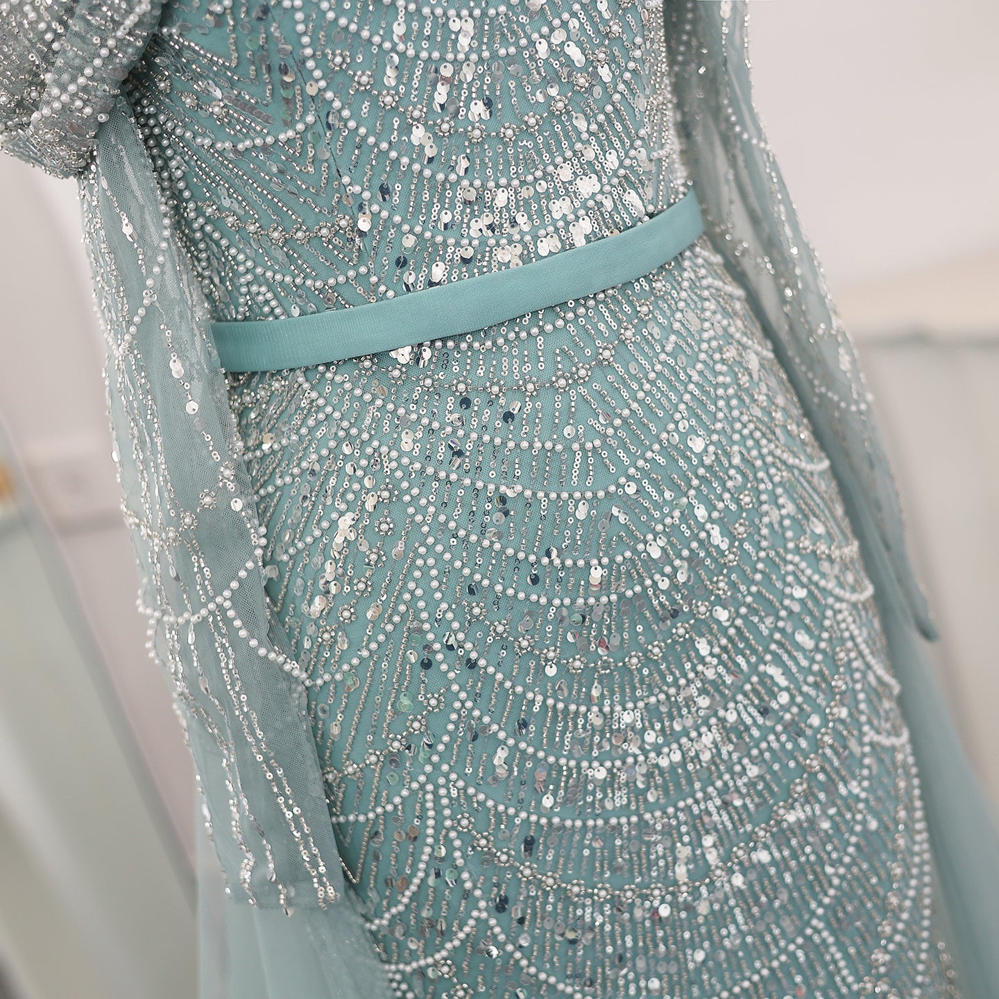 Luxury Beaded Blue Mermaid Evening Dress with Cape Sleeves SS687