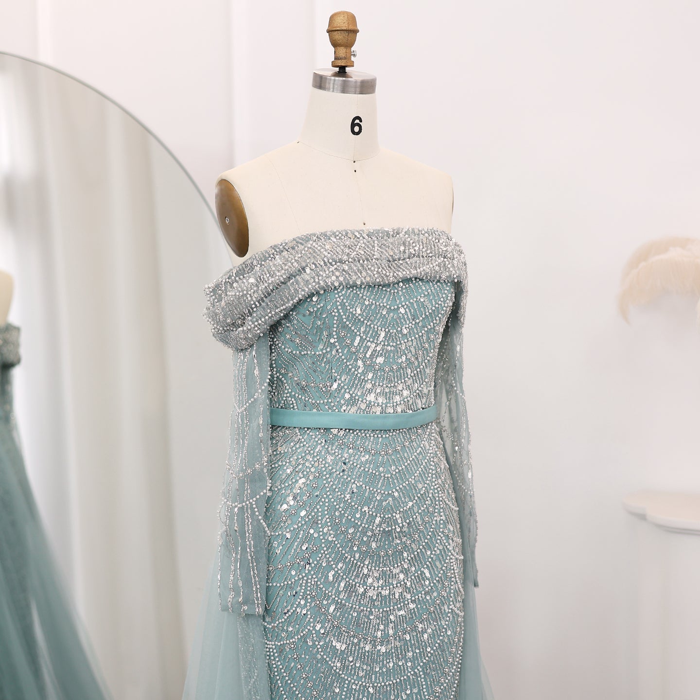 Luxury Beaded Blue Mermaid Evening Dress with Cape Sleeves SS687