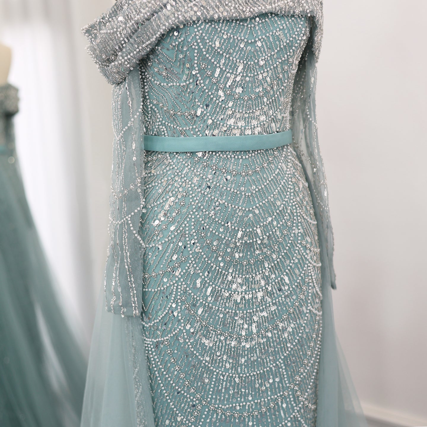 Luxury Beaded Blue Mermaid Evening Dress with Cape Sleeves SS687