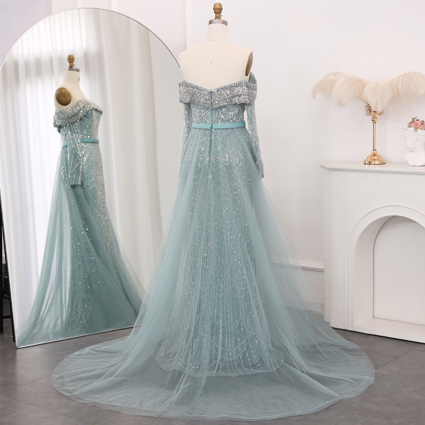 Luxury Beaded Blue Mermaid Evening Dress with Cape Sleeves SS687