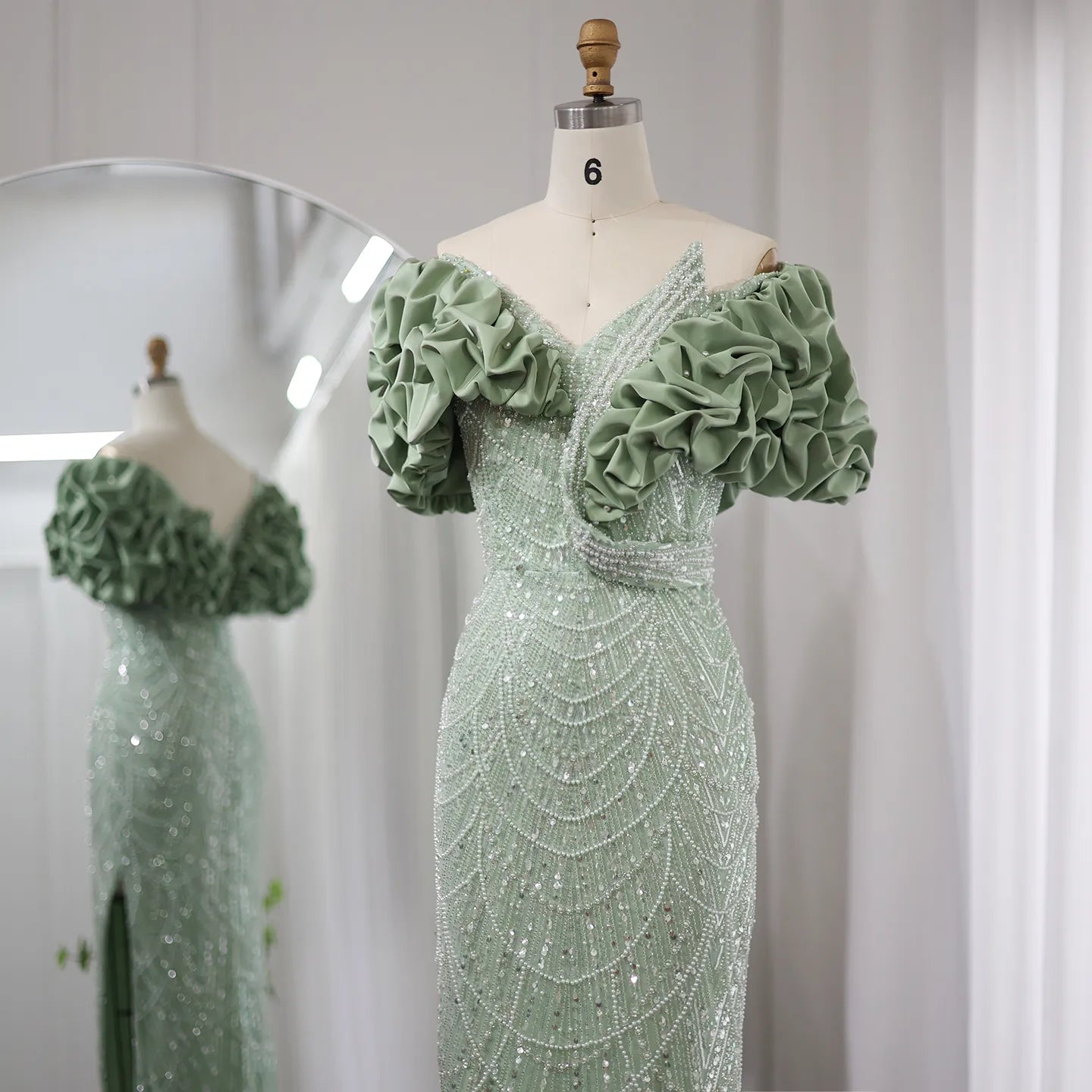 Elegant Off Shoulder Mermaid Sage Green Slit Evening Dress SS288
