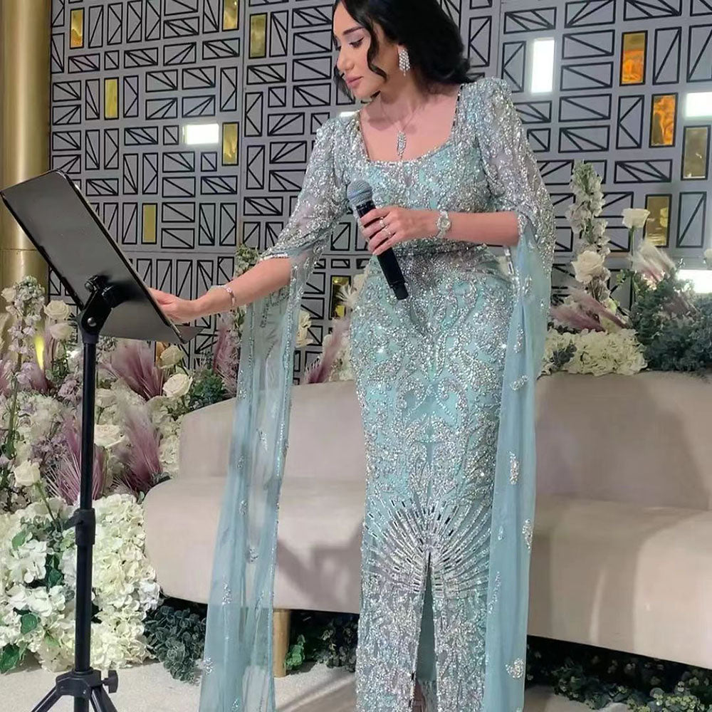Luxury Turquoise Beaded Mermaid Evening Dress with Cape Sleeves SS469
