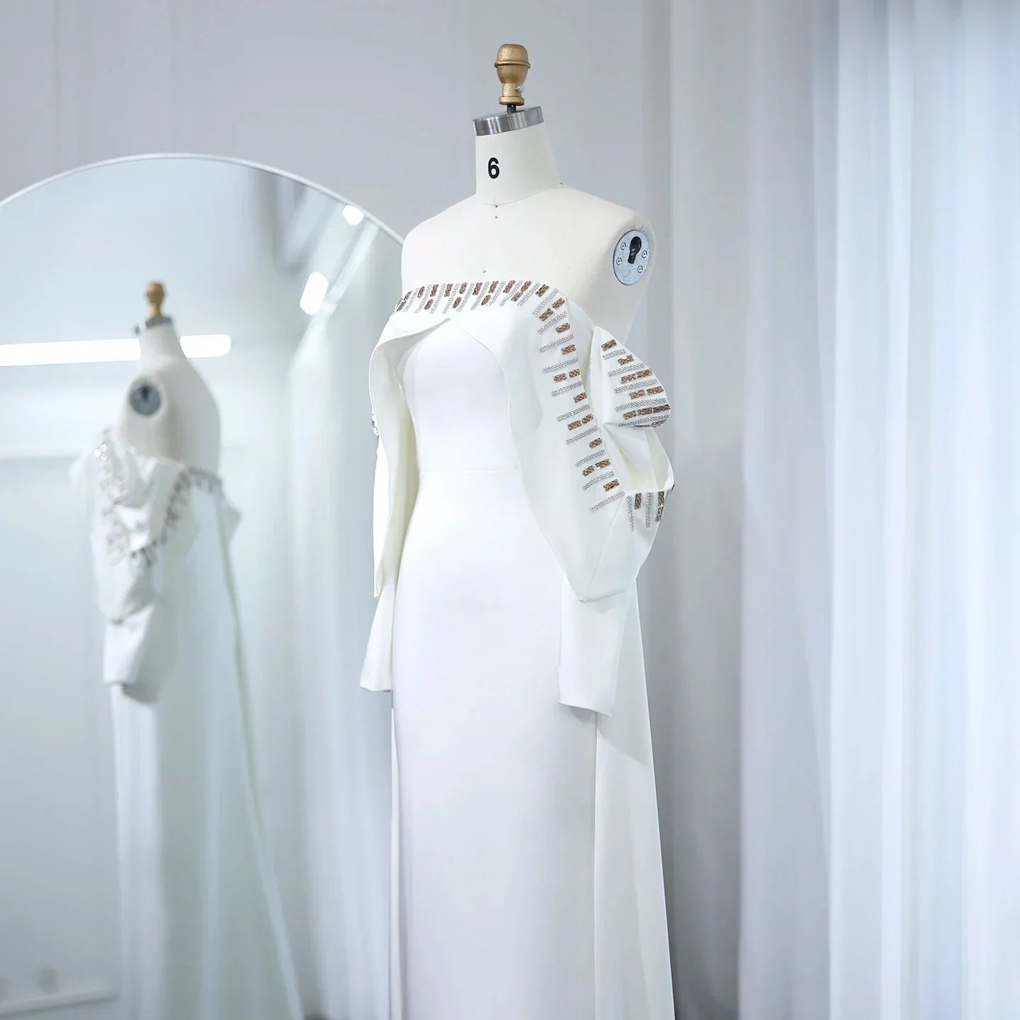 Elegant White Off Shoulder Long Sleeves Evening Dress with Cape SF008