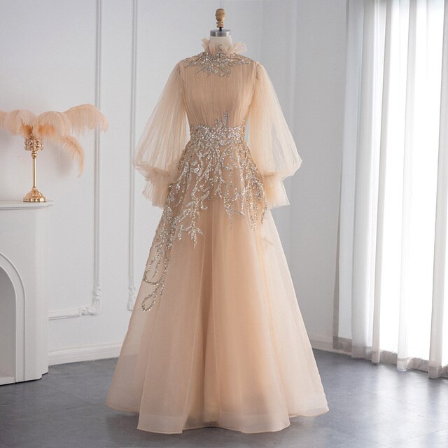 Dreamy Vow Champagne Long Sleeve Muslim Evening Dresses Luxury Dubai Midi Short Arabic Formal Gowns for Wedding Party 496