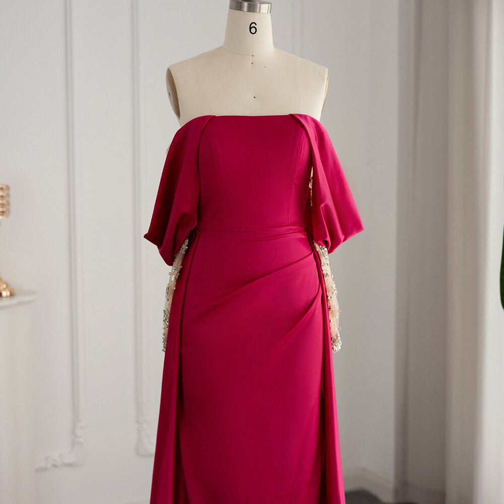 Dreamy Vow Elegant Off Shoulder Fuchsia Evening Party Dress for Women Wedding Arabic Beaded Long Sleeve Formal Prom Gowns 332