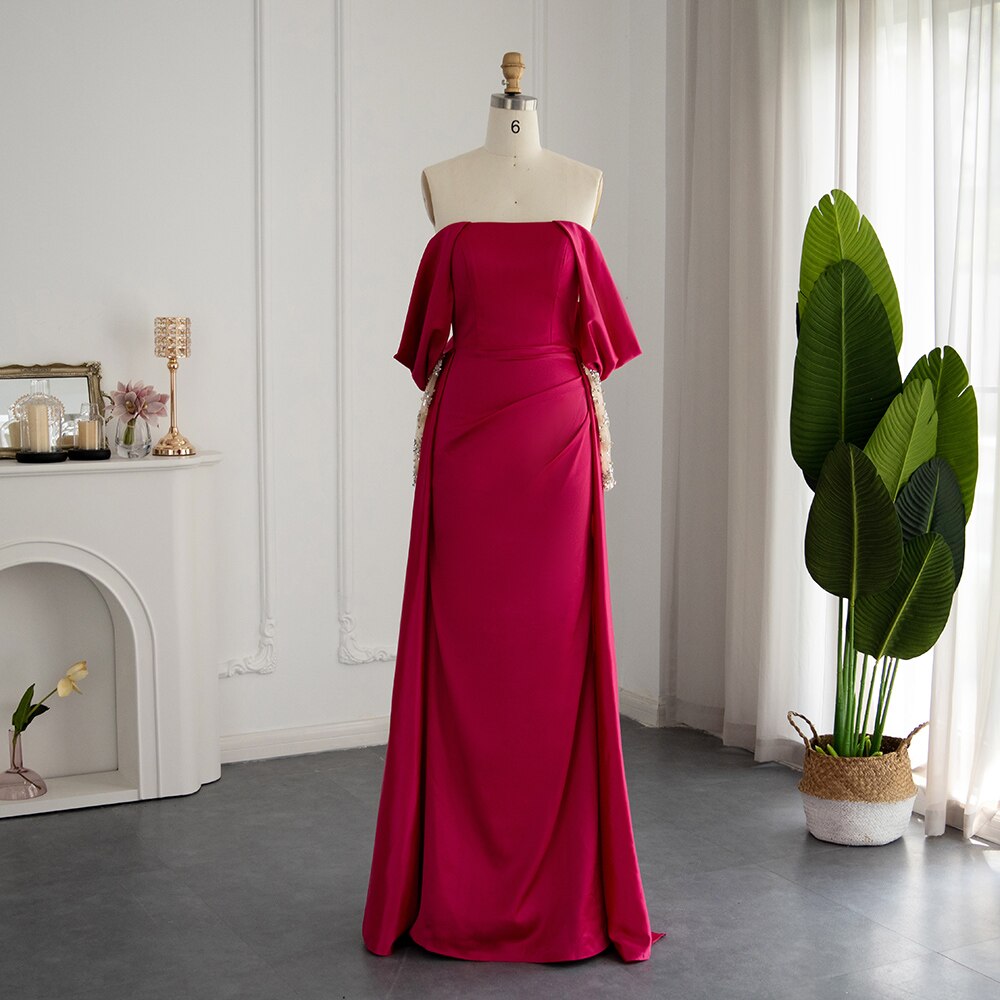 Dreamy Vow Elegant Off Shoulder Fuchsia Evening Party Dress for Women Wedding Arabic Beaded Long Sleeve Formal Prom Gowns 332