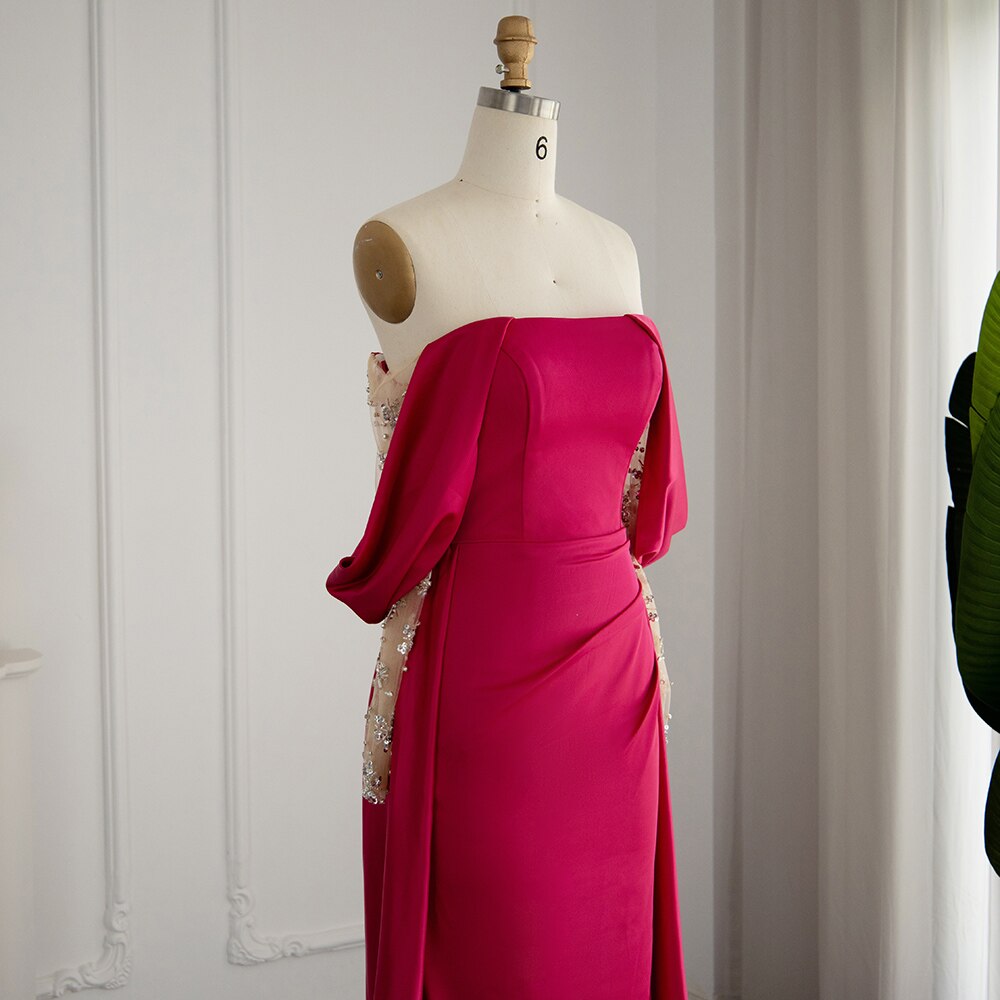 Dreamy Vow Elegant Off Shoulder Fuchsia Evening Party Dress for Women Wedding Arabic Beaded Long Sleeve Formal Prom Gowns 332