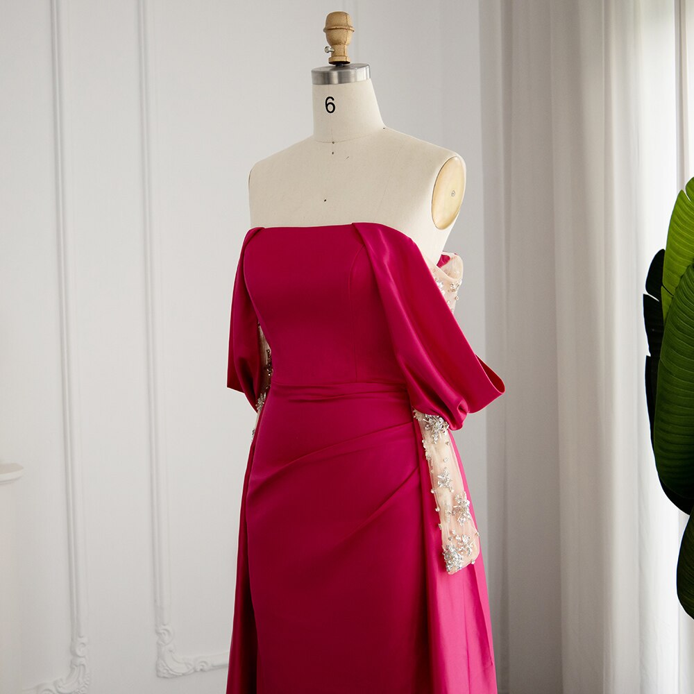 Dreamy Vow Elegant Off Shoulder Fuchsia Evening Party Dress for Women Wedding Arabic Beaded Long Sleeve Formal Prom Gowns 332