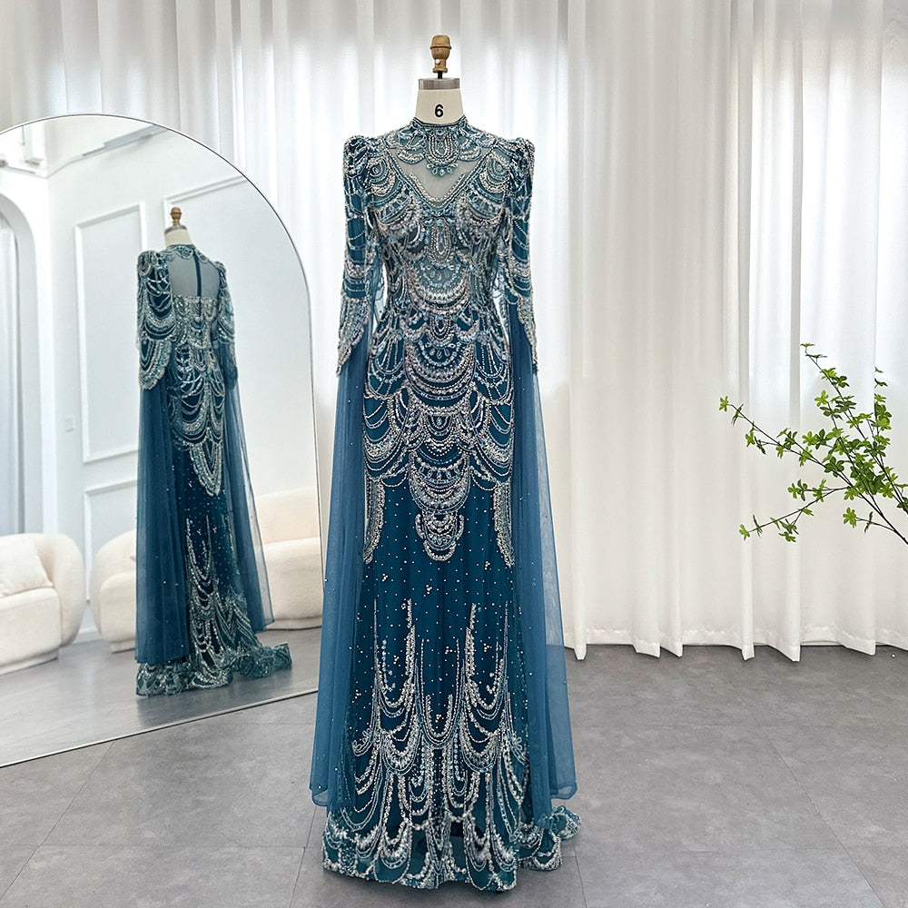 Dreamy Vow Green Luxury Dubai Mermaid Evening Dresses with Cape Sleeves Arabic Muslim Women Wedding Party Gowns Plus Size 145
