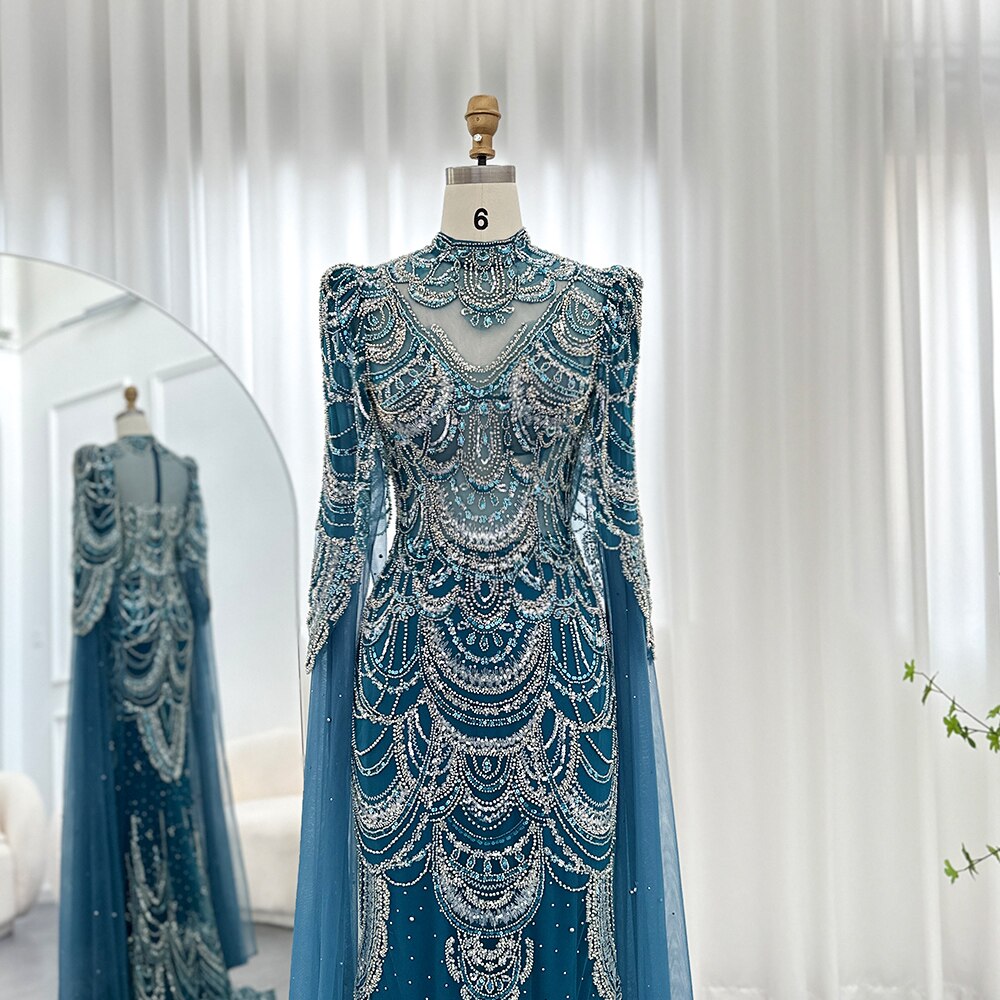 Dreamy Vow Green Luxury Dubai Mermaid Evening Dresses with Cape Sleeves Arabic Muslim Women Wedding Party Gowns Plus Size 145