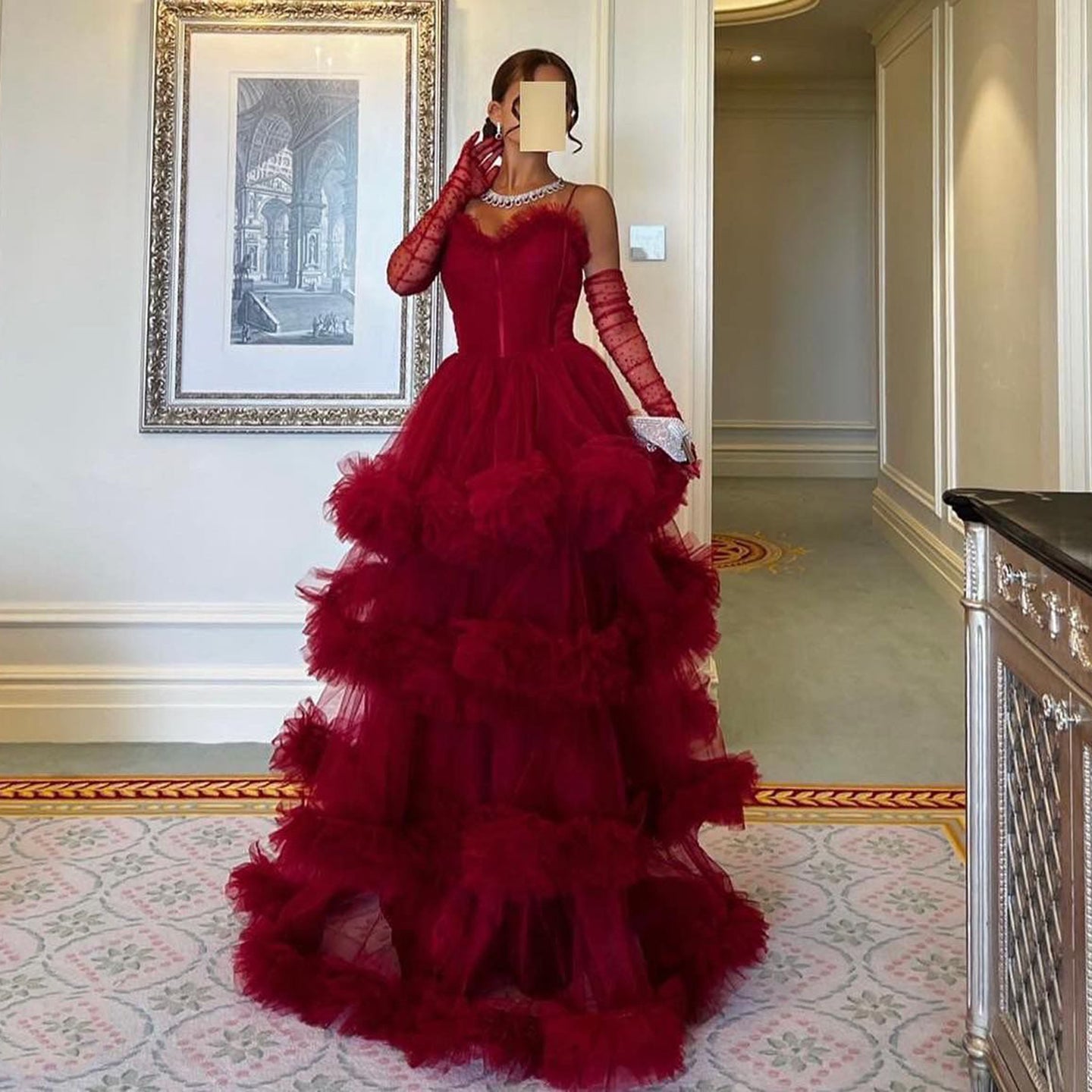 Burgundy Tulle Tiered Ruffles Evening Dresses with Gloves SF472