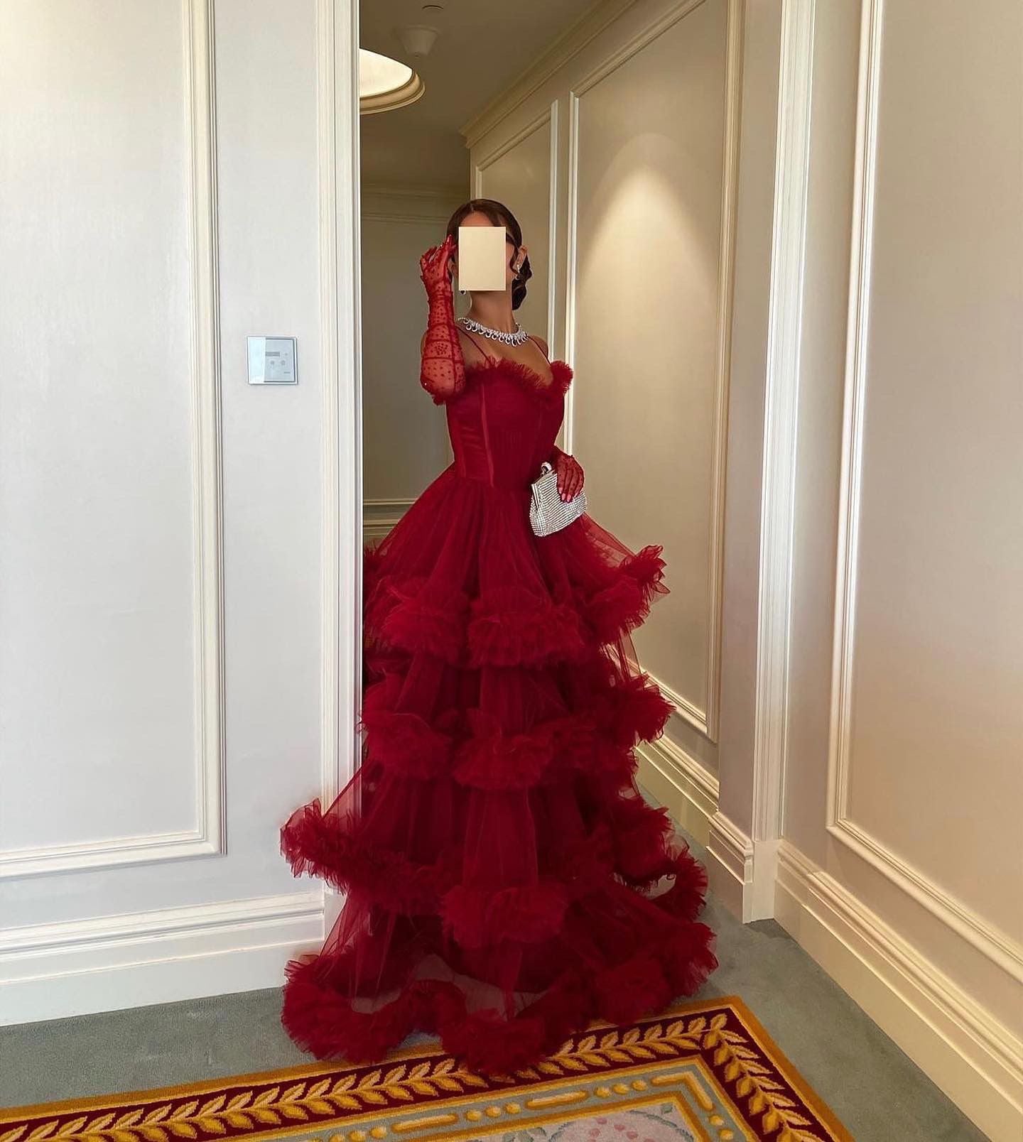Burgundy Tulle Tiered Ruffles Evening Dresses with Gloves SF472