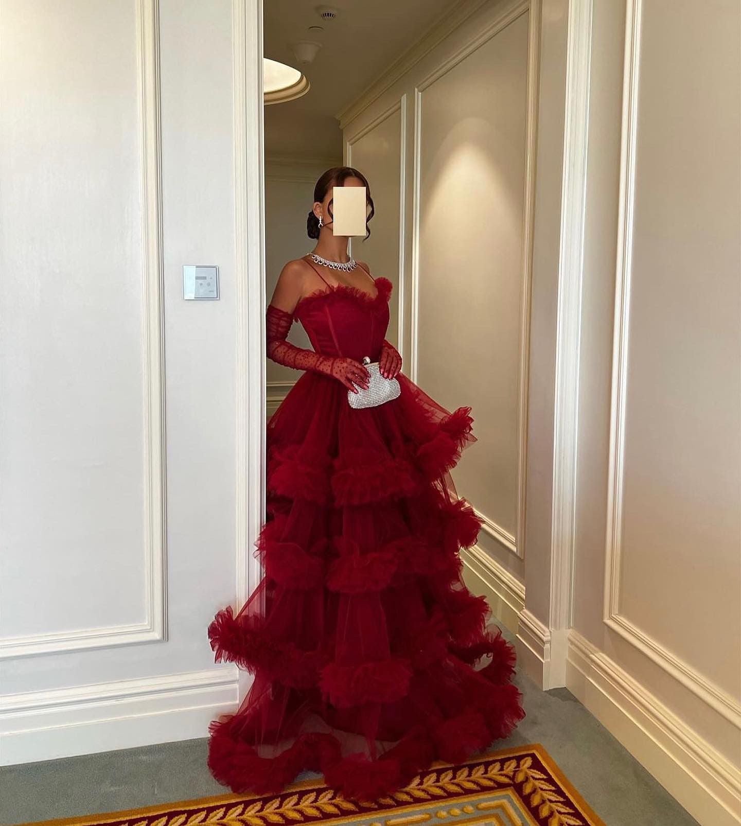 Burgundy Tulle Tiered Ruffles Evening Dresses with Gloves SF472
