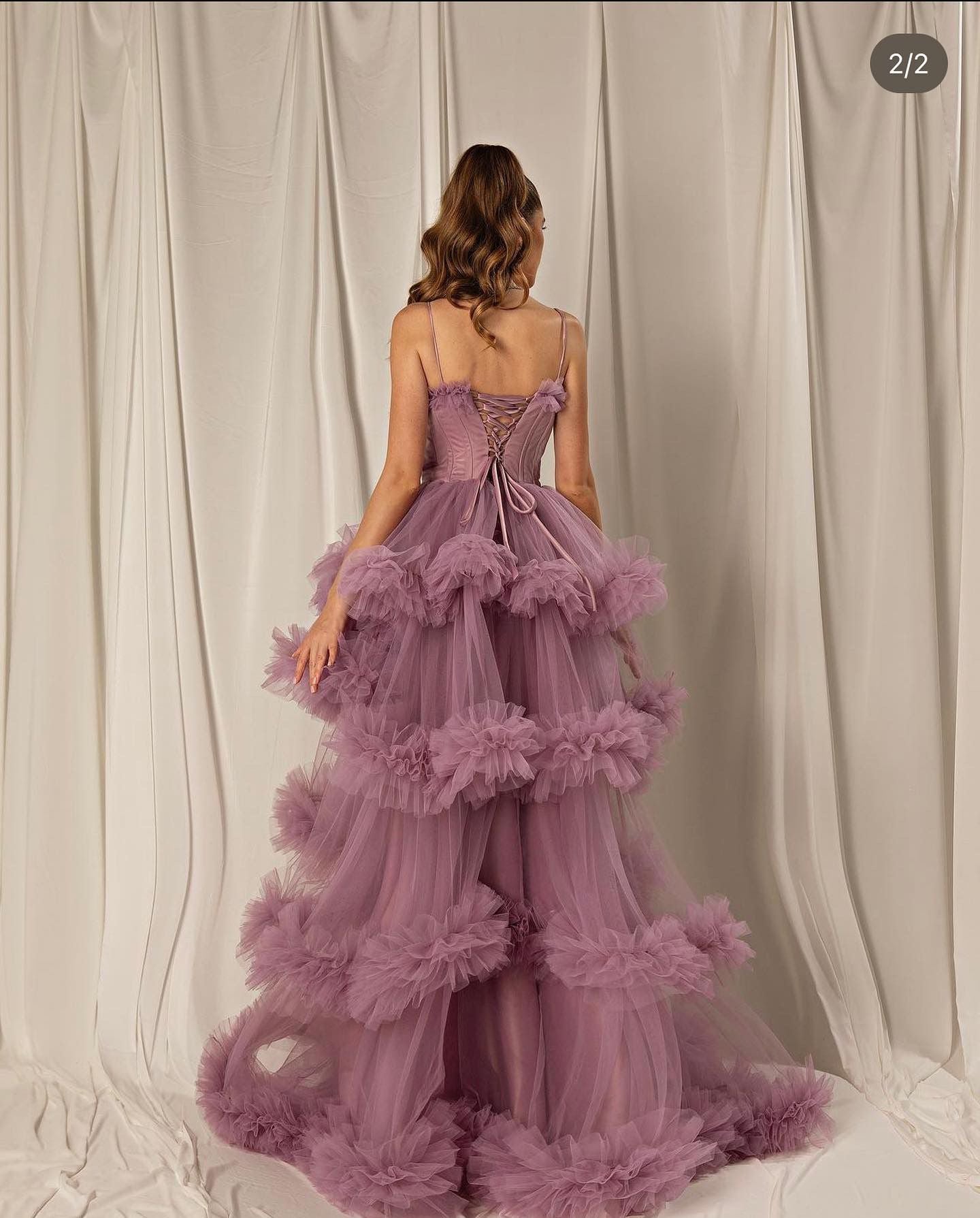 Burgundy Tulle Tiered Ruffles Evening Dresses with Gloves SF472