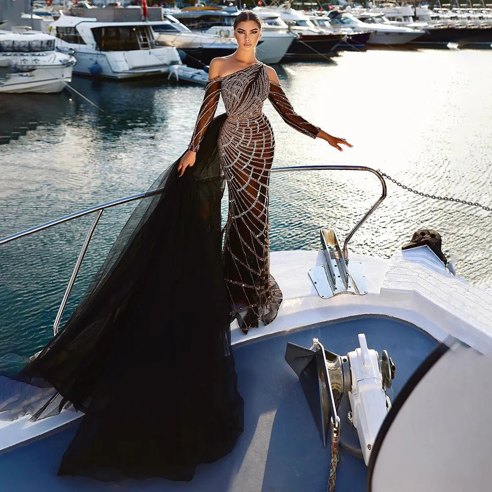Emerald Green One Shoulder Evening Dress with Overskirt SS197