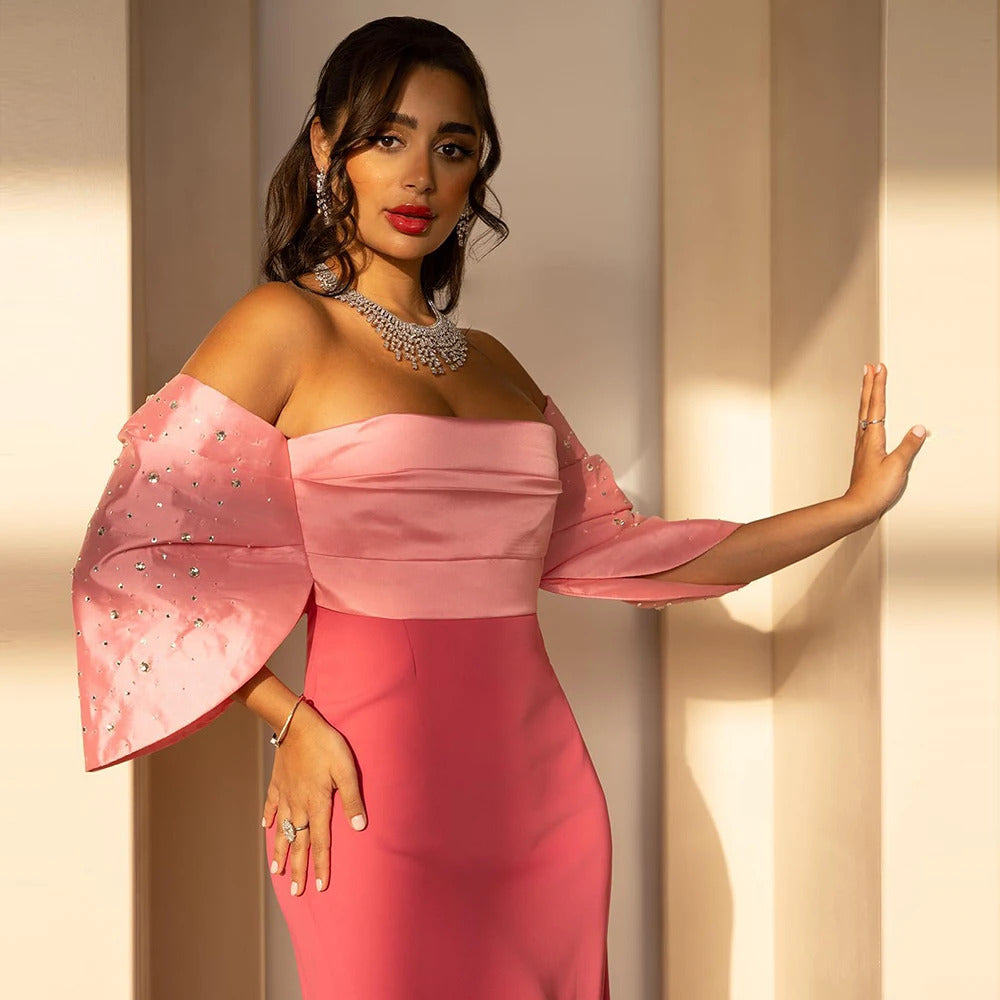 Elegant Off Shoulder Coral Pink Evening Dress SF022