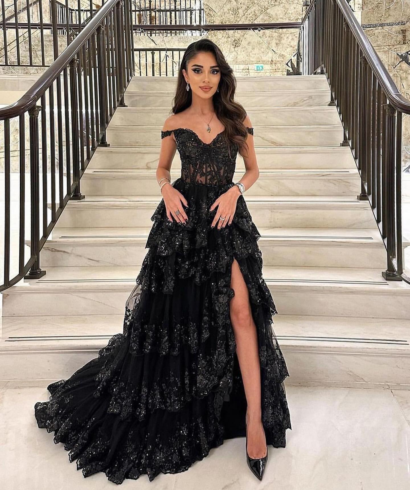 Black Off Shoulder Prom Dresses with Embroidery High Side Slit for Women Graduation Party Gowns
