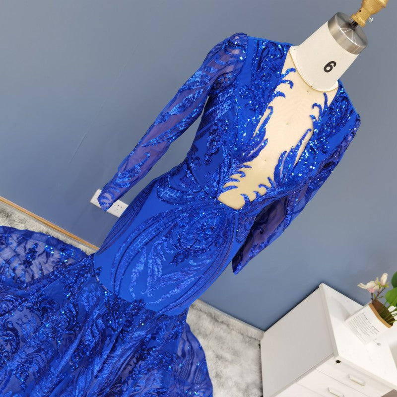 Sequined Plunging V-Neck Long Sleeve Mermaid Evening Gown SH020