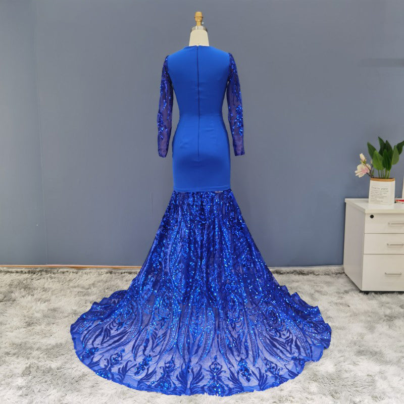Sequined Plunging V-Neck Long Sleeve Mermaid Evening Gown SH020
