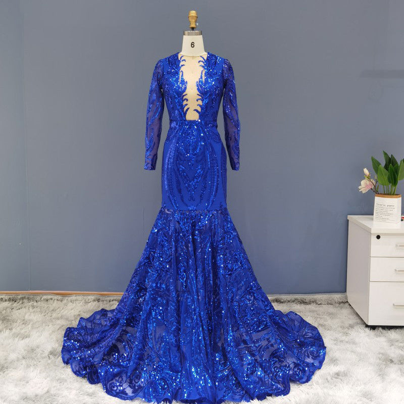 Sequined Plunging V-Neck Long Sleeve Mermaid Evening Gown SH020