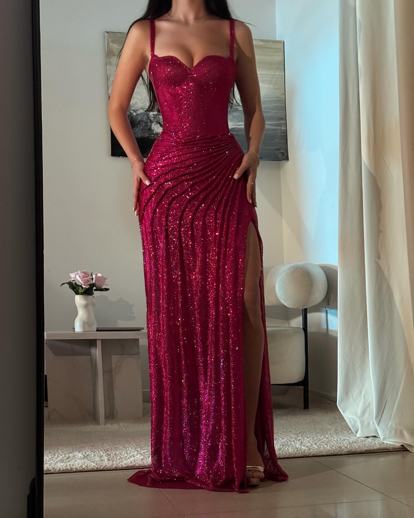 Luxury Sequin Fuchsia Spaghetti Strap Evening Dress with Slit SH564