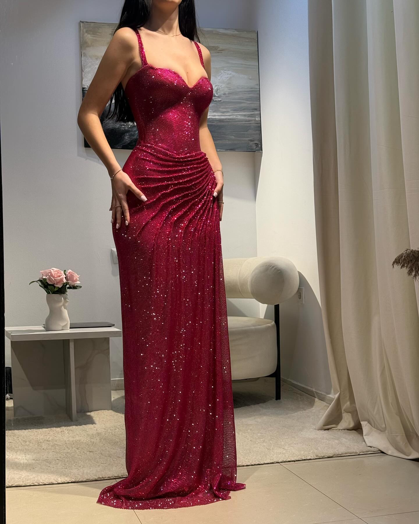 Luxury Sequin Fuchsia Spaghetti Strap Evening Dress with Slit SH564
