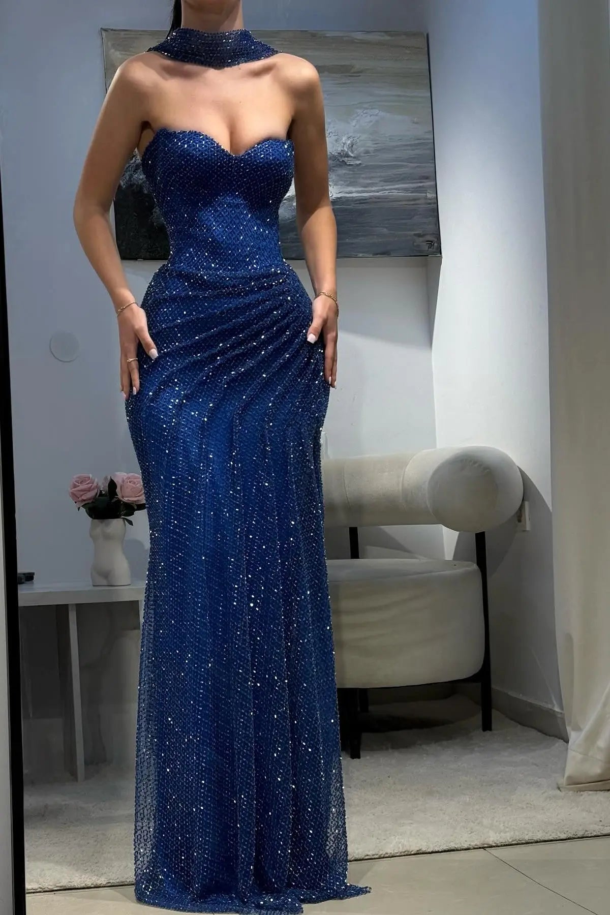 Elegant Royal Blue Strapless Sequin Evening Dress with Scarf SH566 SHEER FAIRY Elegant Royal Blue Strapless Sequin Evening Dress with Scarf SH566 SHEER FAIRY