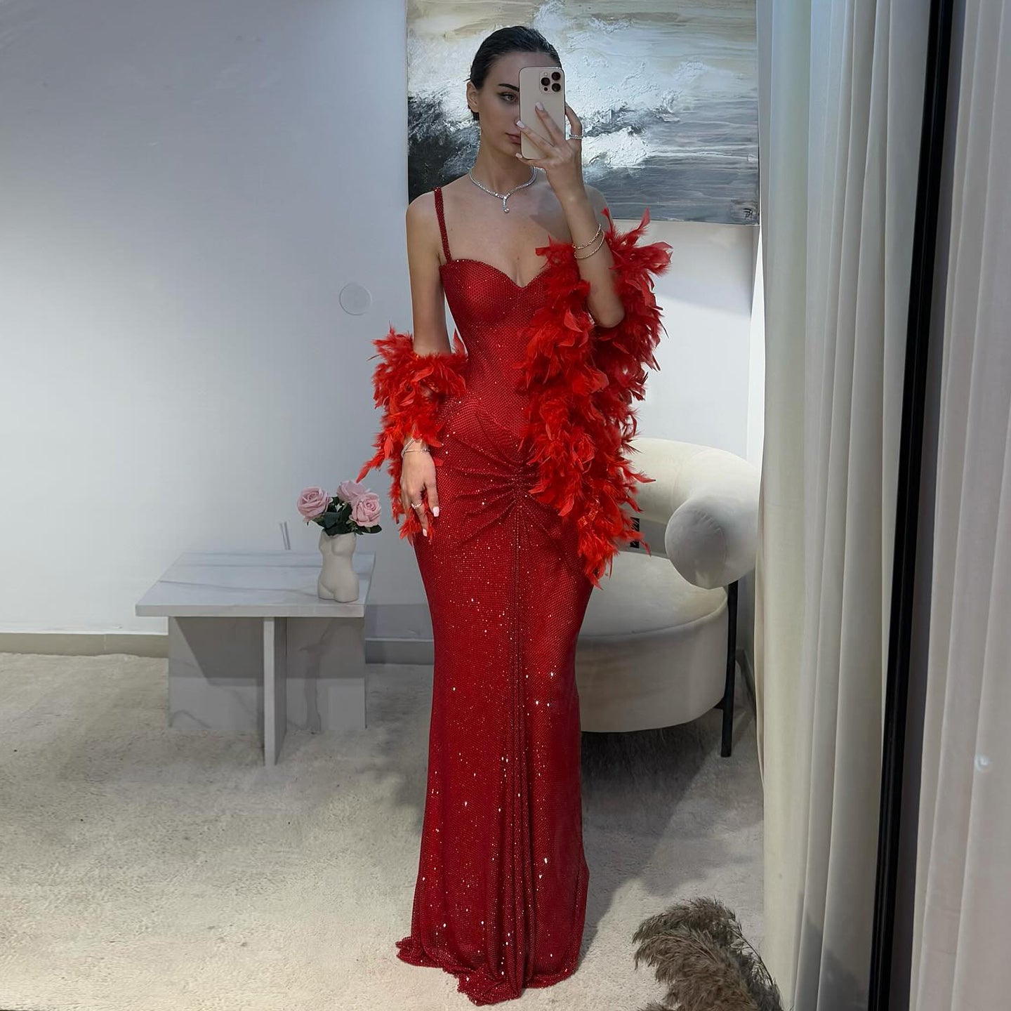 Luxury Red Sequin Strapless Evening Dress with Feather Shawl SH567